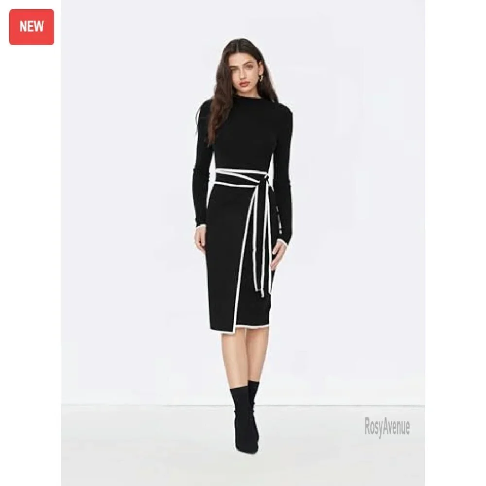 Long Sleeve Mock Turtleneck Sweater Dress Midi Work Dress Slim Fit - Picture 4 of 8